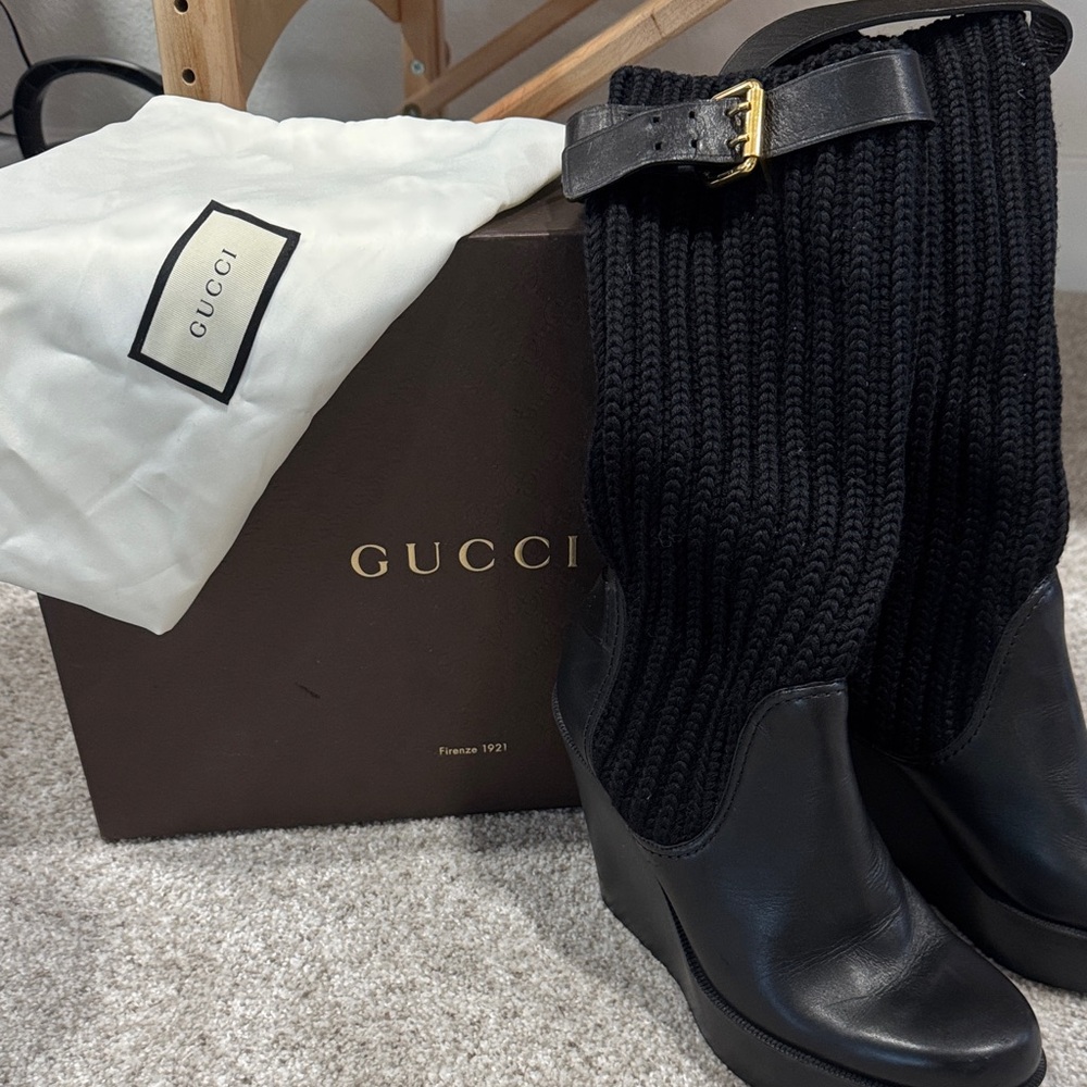 Gucci Black Knit and Leather Wedge Boots
